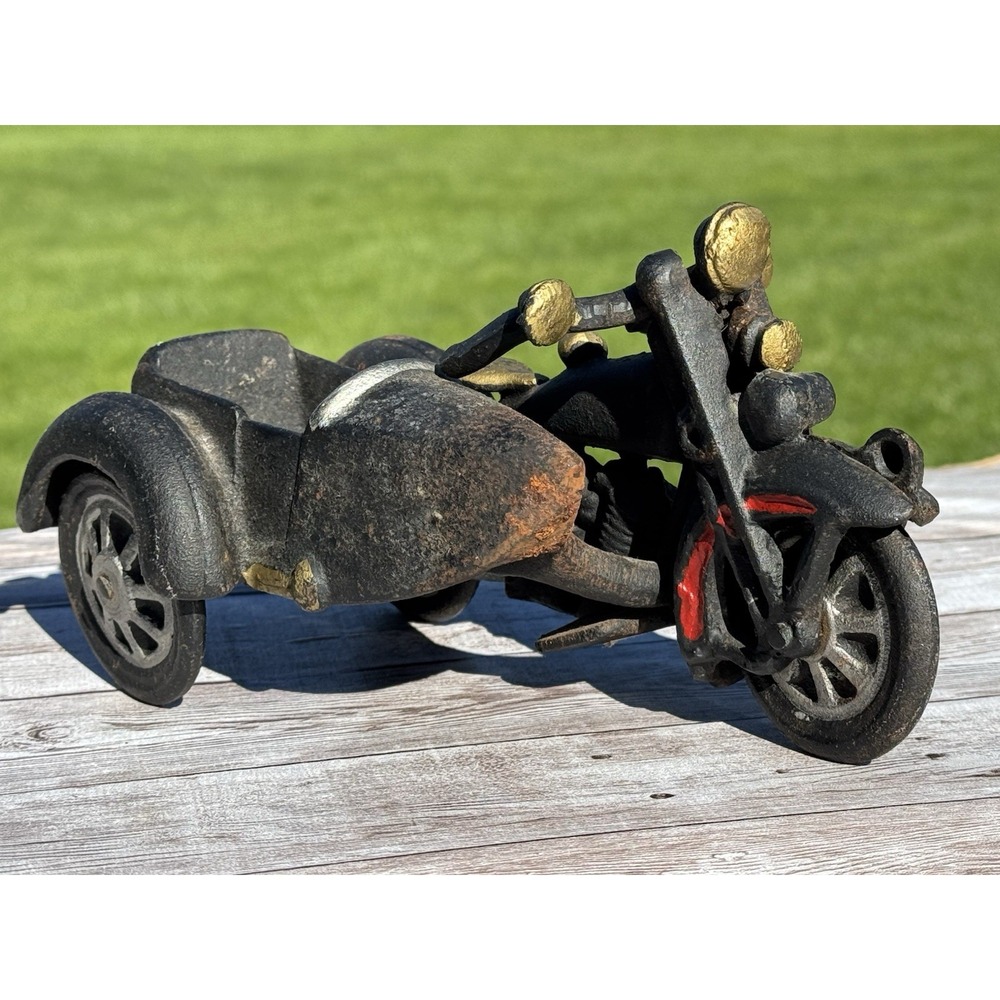 Cast Iron Motorcycle with Sidecar Figurine Black Vintage Style Decor ~8"